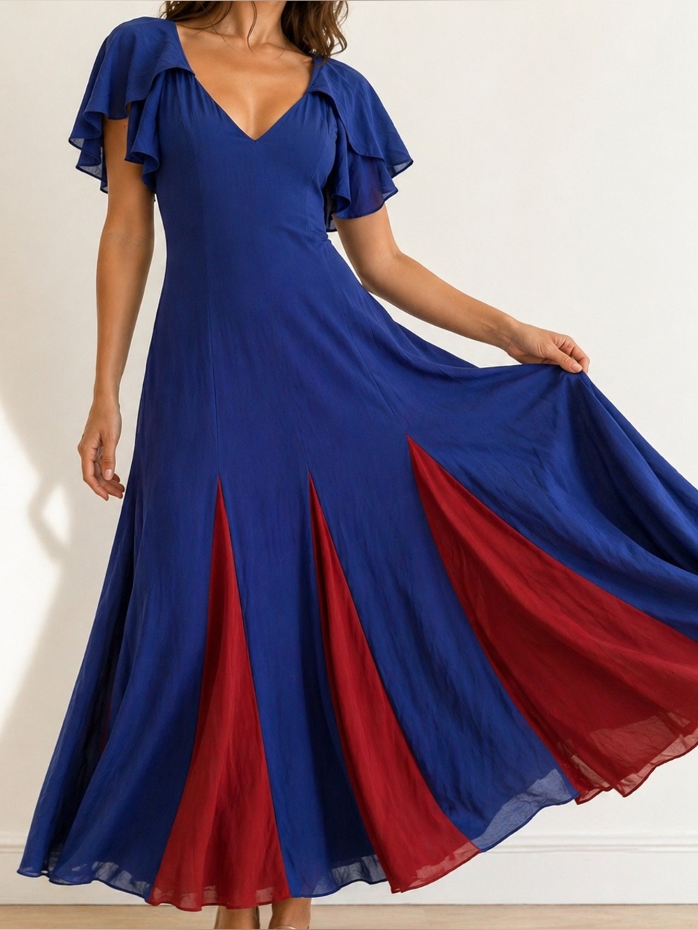 STAUD Colorblock Flutter Sleeve V Neck Maxi Gown Formal Wedding Guest 0